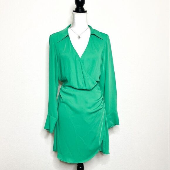 🍋 H&M • Women’s 80’s Style Green Faux Wrap Dress Long Flared Cuffs - Size S - Picture 1 of 8